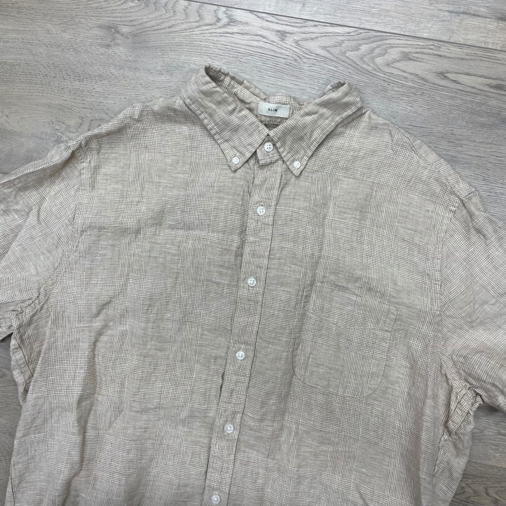 J. Crew Button Down Shirt Mens XL Beige 100% Linen Slim BG426 Short Sleeve